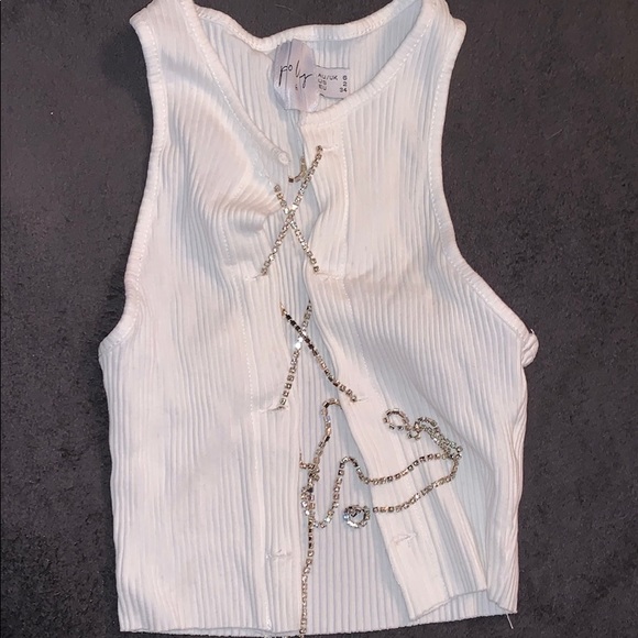 White crop tank with crystal lacing - Picture 2 of 3